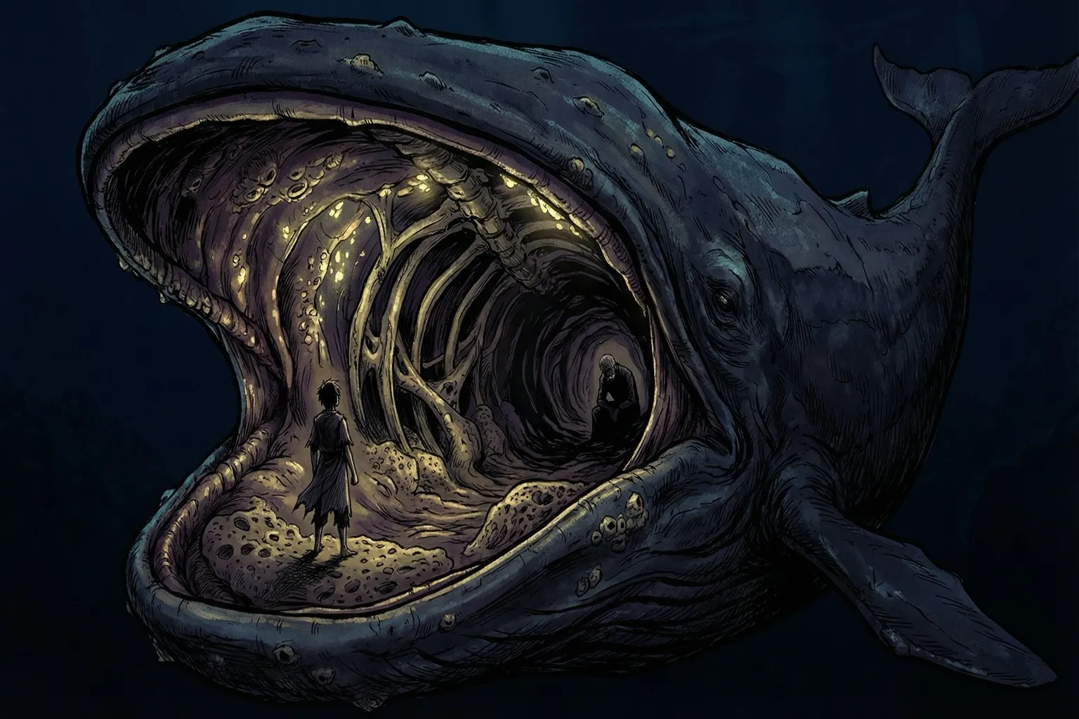 A young man standing inside the belly of an enormous whale — the son who must rescue his father